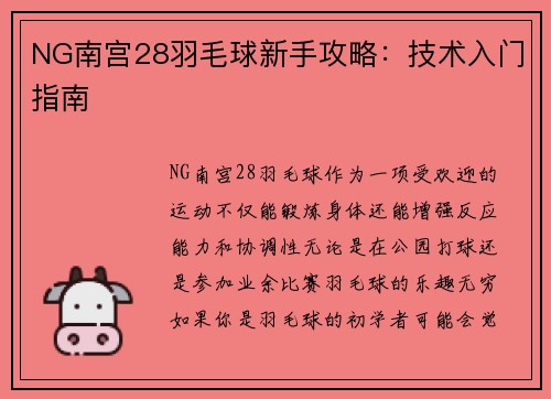 NG南宫28羽毛球新手攻略：技术入门指南